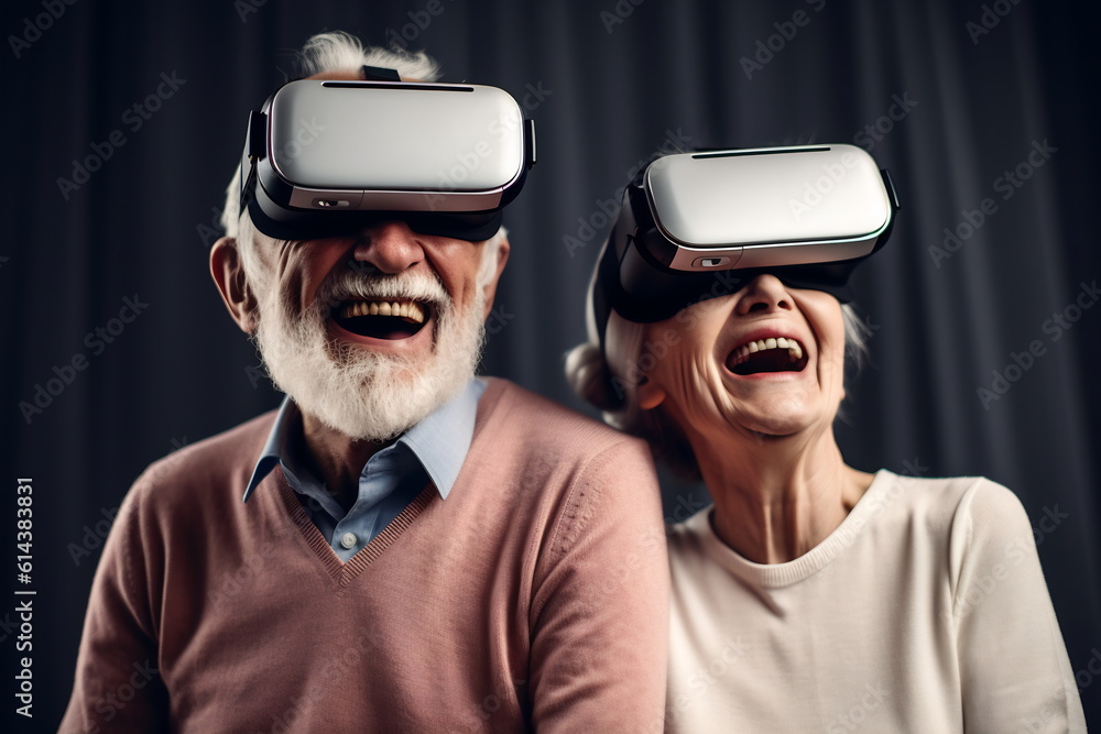 Senior mature couple having fun with virtual reality glasses. Old people using new headset goggles trends technology Generative AI Senior mature couple having fun with virtual reality glasses. Old people using new headset goggles trends technology Generative AI