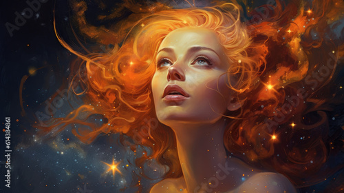 Émerveillement astral, femme aux cheveux roux resplendissants parmi les étoiles.