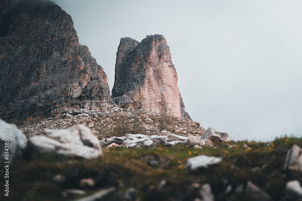Rockformations in the Dolomites, Alps. Cloudy, moody feeling while hiking in the mountains