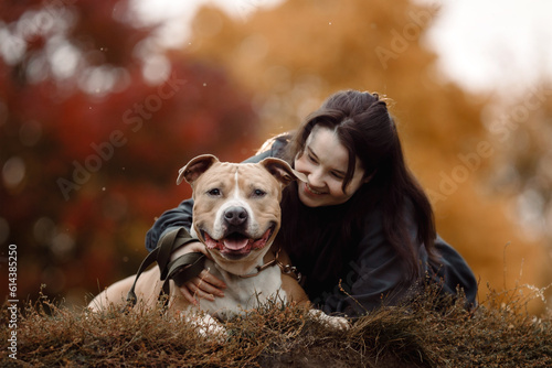 American Staffordshire Terrier looking merrily at the camera. Owner plays with her dog in the park in autumn