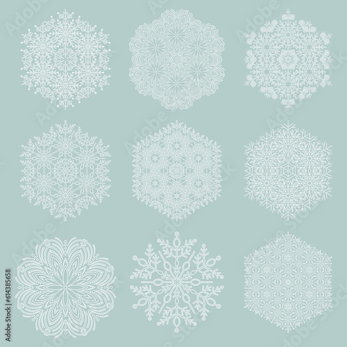 Set of snowflakes. Fine winter ornaments. Snowflakes collection. Light blue and white snowflakes for backgrounds and designs