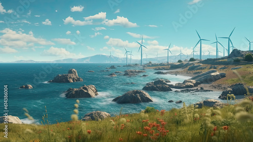 A wind farm at a beautiful seaside lactation. Wind turbine generators with beautiful ocean coast. renewable energy, nature, concept. Generative AI. photo