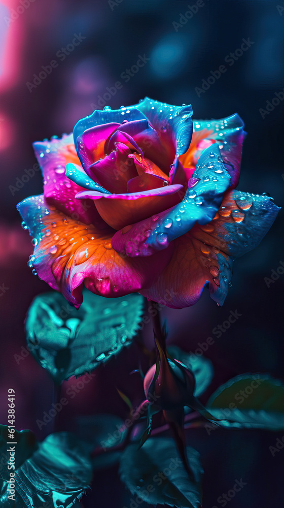 rose flower with water dropsneon glow random background ,rose with drops