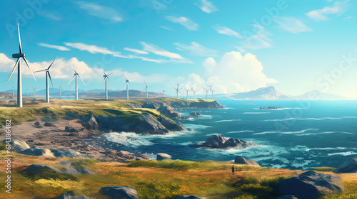 A wind farm at a beautiful seaside lactation. Wind turbine generators with beautiful ocean coast. renewable energy, nature, concept. Generative AI. photo