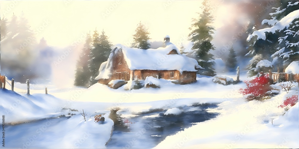 Watercolor winter landscape. Beach house, rural landscape.