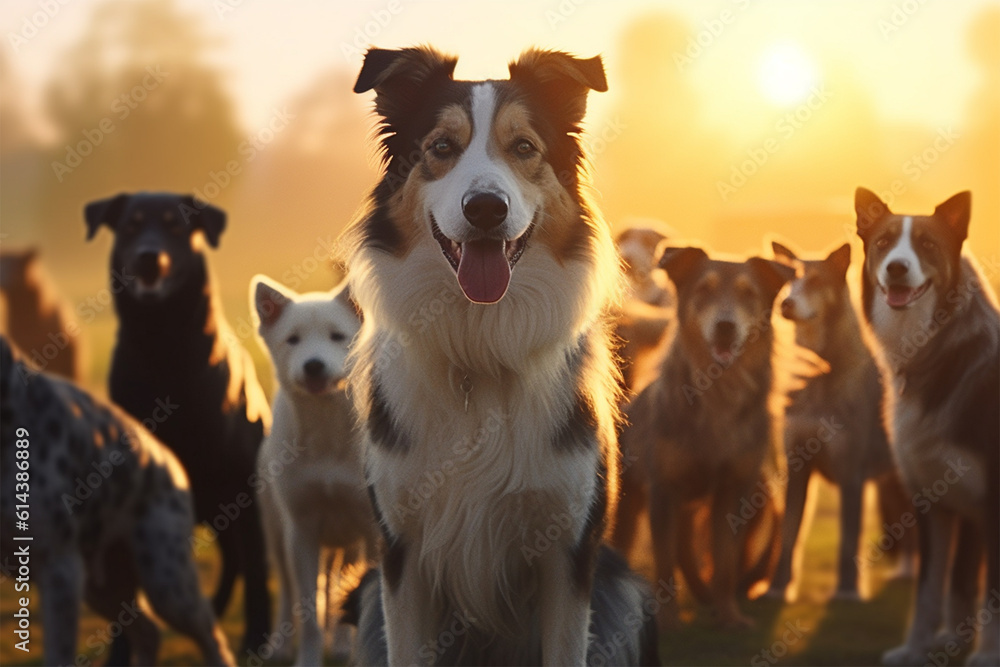 Set of dogs, diffrent sizes and breeds outdoor at sunset. 