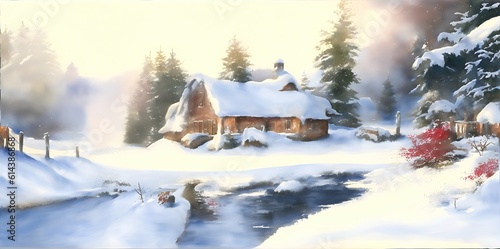 Watercolor winter landscape. Beach house, rural landscape. © Andreas