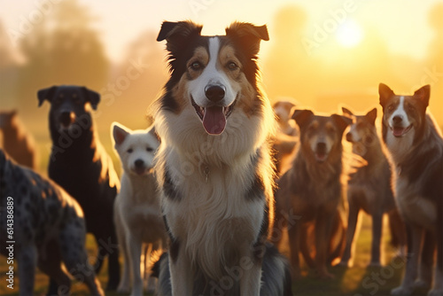 Set of dogs, diffrent sizes and breeds outdoor at sunset. 