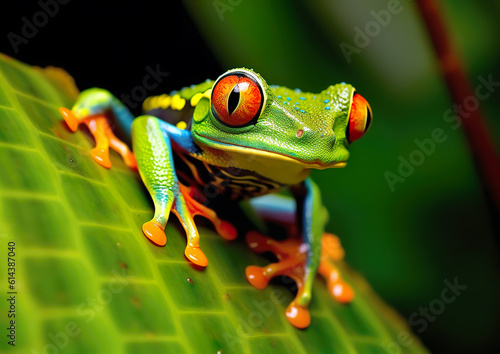 The very curious red-eyed tree frog is sitting on the green leaf and basking in the sunlight. Cute tree frog look. Natural background. AI generated.