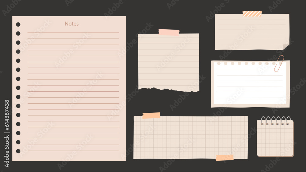 Set of blank lined note papers. Vector illustration isolated on black background. Set of blank lined note papers. Vector illustration isolated on black background.