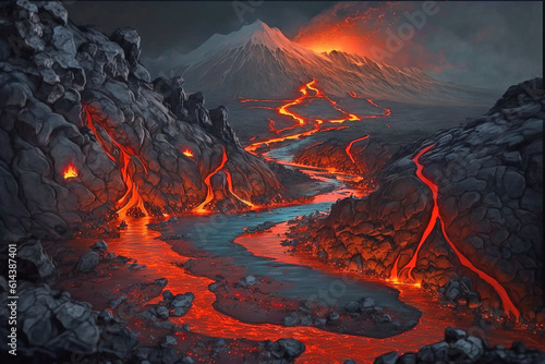 Working vulcano lava river night