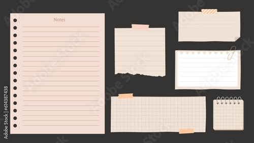 Set of blank lined note papers. Vector illustration isolated on black background.