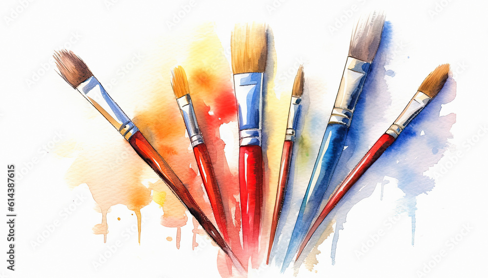 Fototapeta premium Brushes and watercolor on white background, ai generative