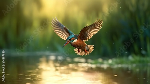 Kingfisher flying on the beautiful landscape, beautiful bird