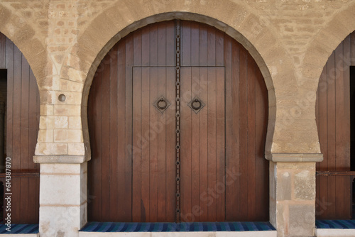 Deep Brown Keyhole Arch Door to Prayer Hall in Great Mosque of Sousse  Tunisia  Full Shot