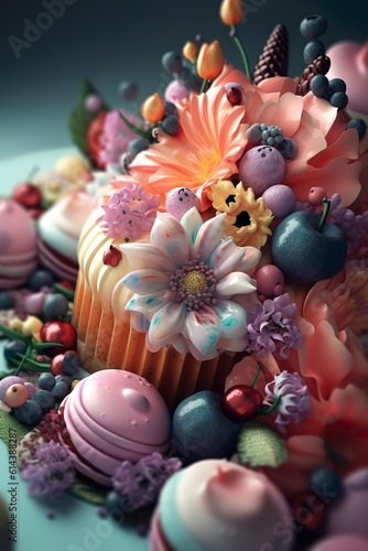 3d Render of a flowery cake and lots of fruit decorations 