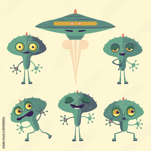 A group of cartoon green aliens with a flying ship