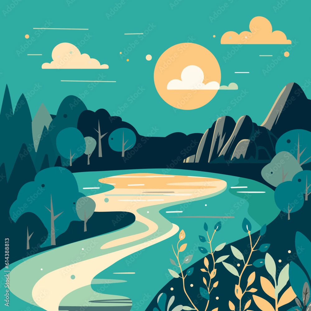 Illustration of a river, forest, mountains. Nature.