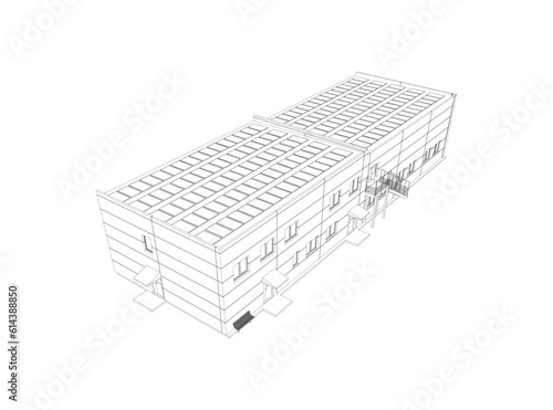 Contemporary  office building  with roof solar panels. Isolated 3D vector. Blueprint.