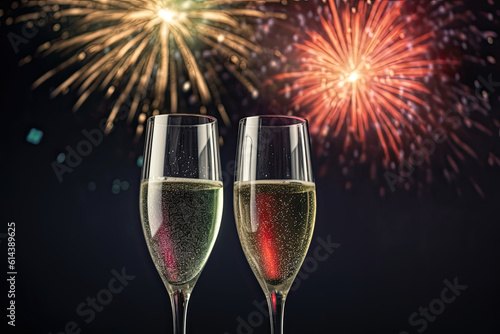 Champagne glasses with fireworks in background celebration.