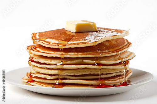 stack of pancakes with syrup on a white background
