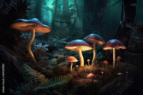 Fantasy dark mushroom forest illustration.