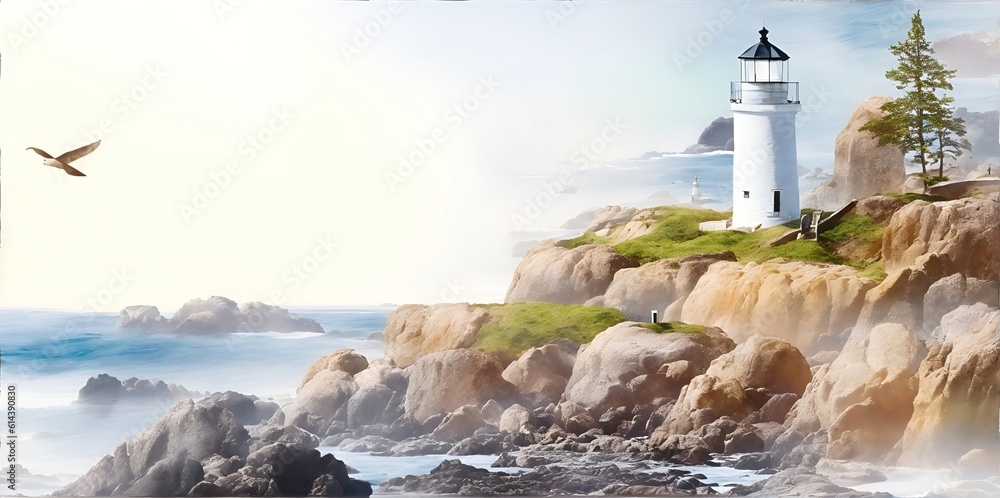 Watercolor seascape. Lighthouse on the rocks on a cloudy day.