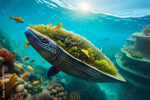 A picture of a tropical reef with transparent water and a variety of colorful fish species.