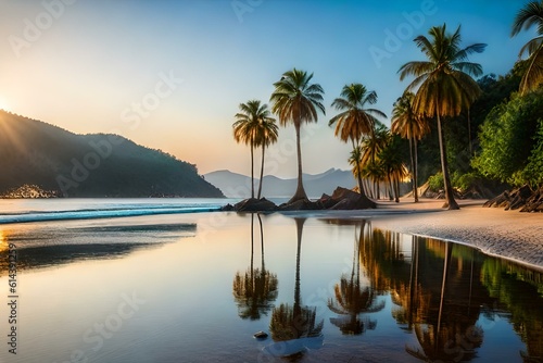 An image of a peaceful beach with palm trees and crystal-clear water.