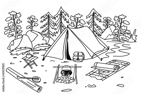 Camping in the woods, tent, backpack, mat, fire and plants black and white .
