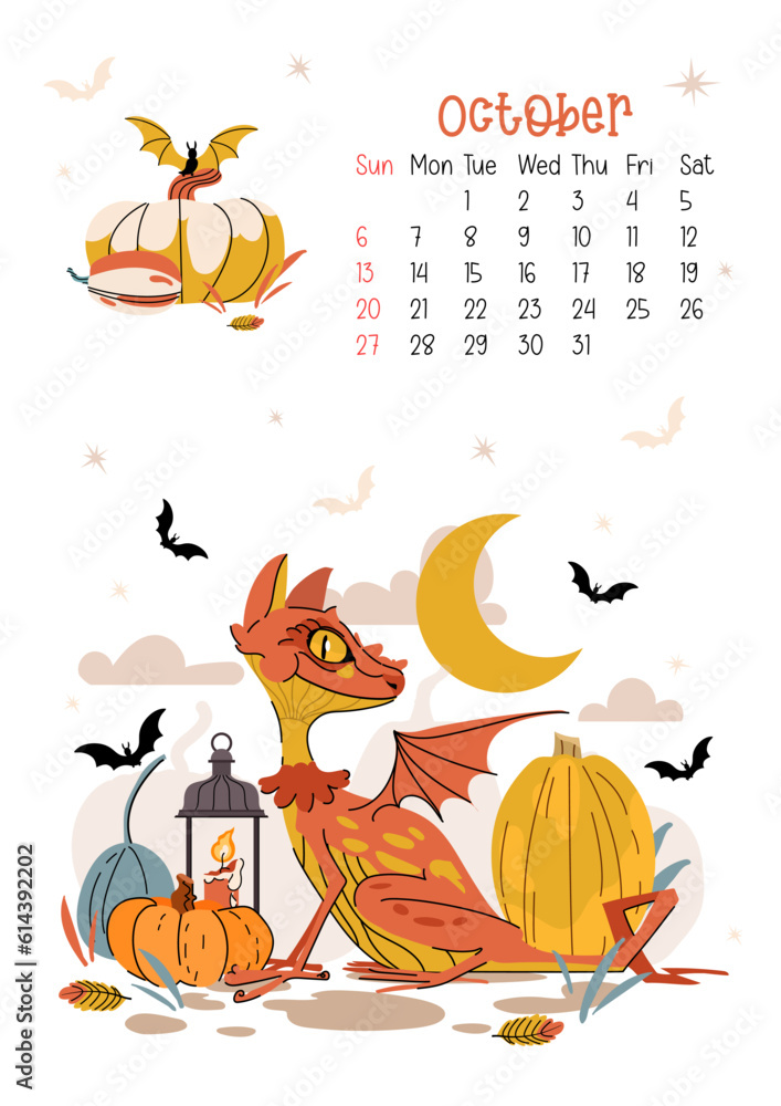 Vertical page calendar for October 2024 with Halloween dragon. The