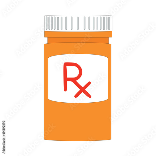 Pill bottle with letter Rx. Vector illustration in flat style.