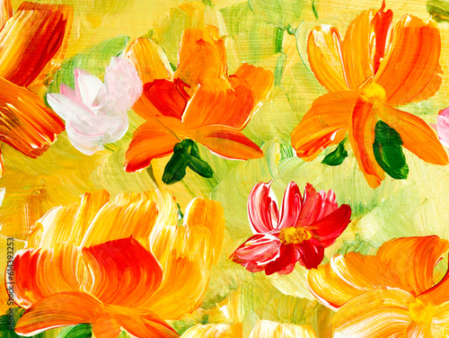 Red abstract  flowers, original hand drawn, impressionism style, color texture, brush strokes of paint,  art background.