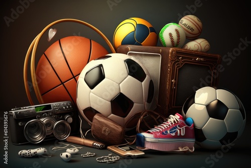 Set of sports equipment in a dark background