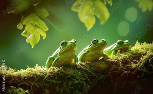 The green tree frogs lined up to rest and relax. Cute tree frogs dominate a part of the green forest. Nature background display. AI generated.