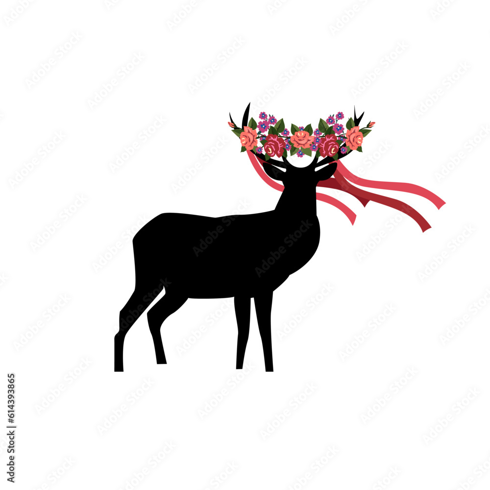 Beautiful black deer with big horns are decorated with flowers and ribbons. Vector concept illustration. Spirit of spring, beauty, nature care. Ethnic element. Beautiful black deer with big horns are decorated with flowers and ribbons. Vector concept illustration. Spirit of spring, beauty, nature care. Ethnic element.
