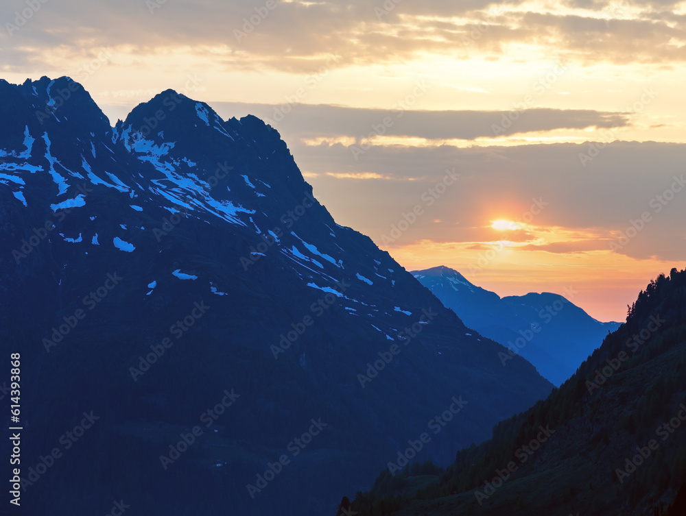 Sunset summer mountain landscape. View from  Timmelsjoch - high alpine road on Italian - Austria border.