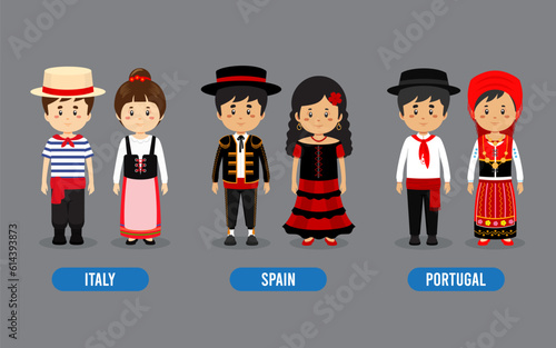 Set of European People Wearing Traditional Outfit