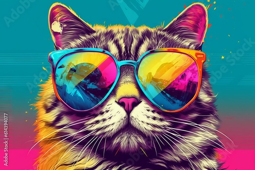 A charming feline donning sunglasses, surrounded by vibrant pop art vibes, Generative AI © avrezn