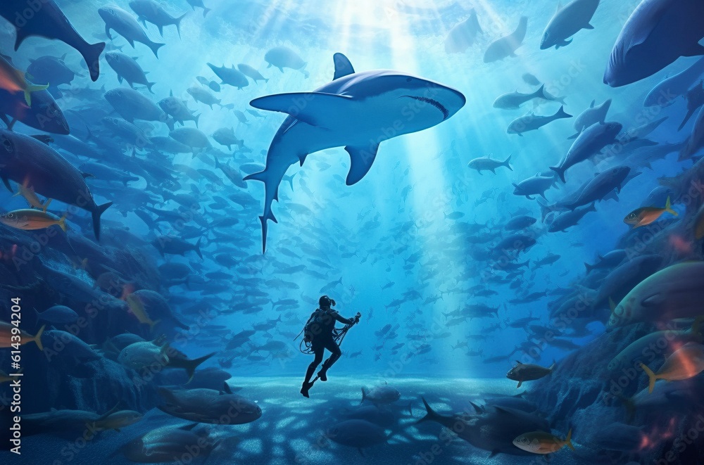 Submarinista observando a un enorme tiburón blanco que hay encima suyo