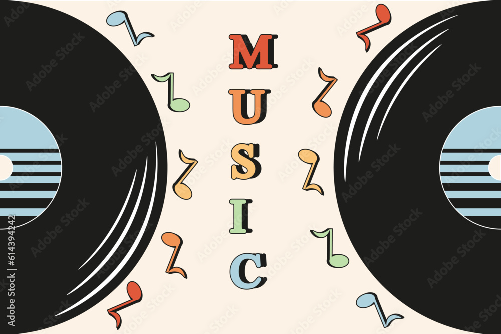 Obraz premium Big horizontal banner with Vinyl record in Retro style isolated on light background. Vector illustration. Poster for Record Company with inscription Music.