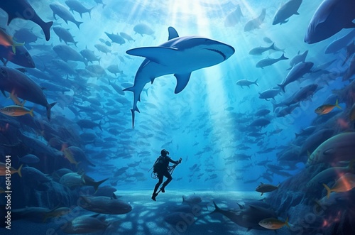Submarinista observando a un enorme tiburón blanco que hay encima suyo photo