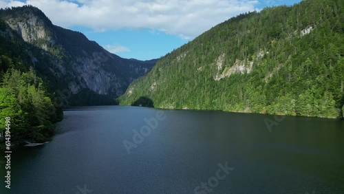 Flight over Toplitzsee (Toplitz lake) and Kammersee mountain lakes, in Salzkammergut, Styria, Austria photo