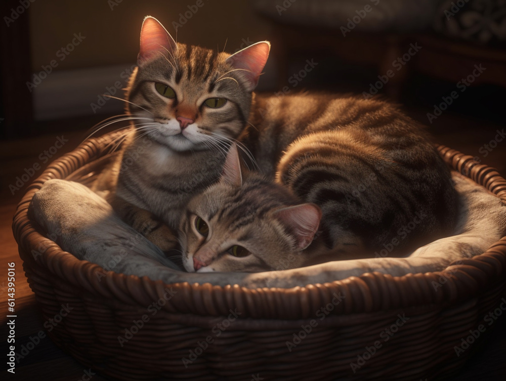 two cute and furry striped cats sleeping together in a cat bed indoors, Generative AI