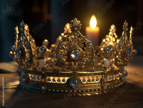 shiny ancient ancestral crown made of gold with precious stones belonging to majesty, Generative AI