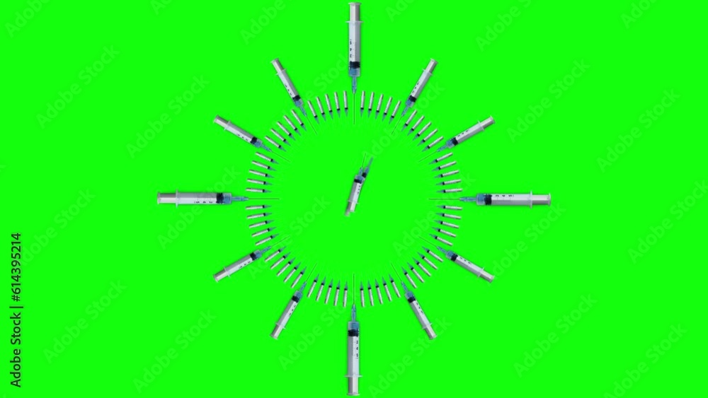Clock made from timelapse syringes on green screen Clock made from timelapse syringes on green screen