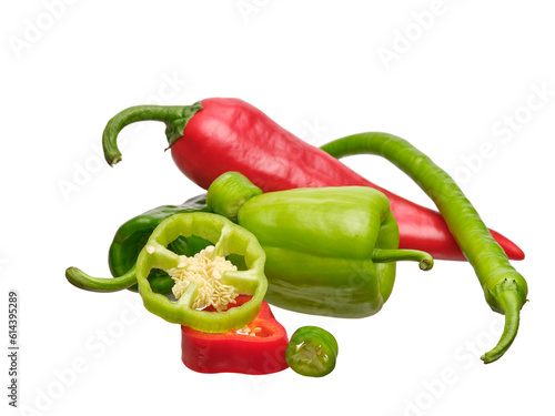 red and green peppers on white