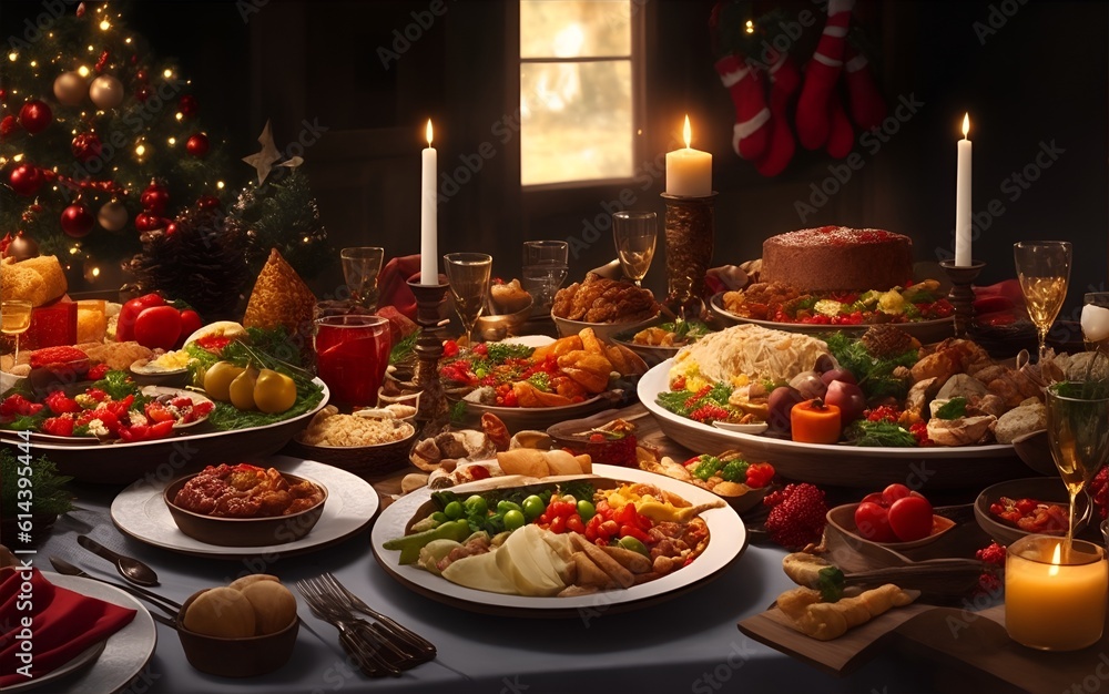 Holiday table full of food and desserts. Christmas. Generative AI Holiday table full of food and desserts. Christmas. Generative AI