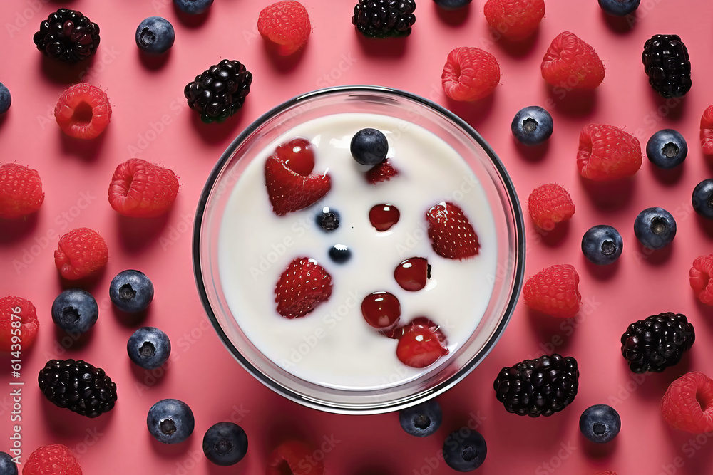 Fresh berries with yogurt or milk in a glass top view. Fresh berries with yogurt or milk in a glass top view.