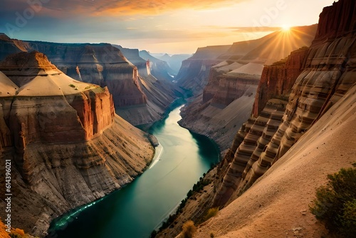 a majestic canyon, with towering cliffs and a winding river carving through the landscape.